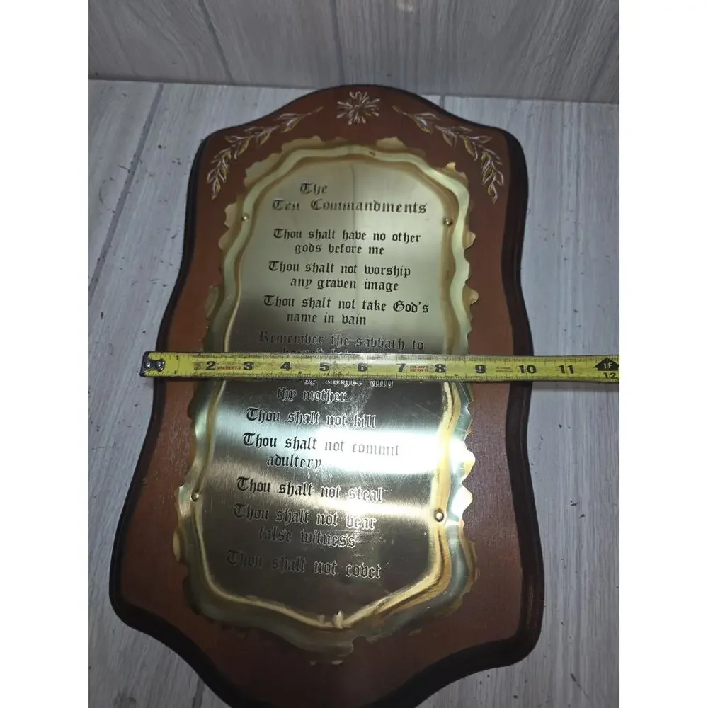 Vintage The Ten Commandments Brass Wood Christian Wall Plaque 18
